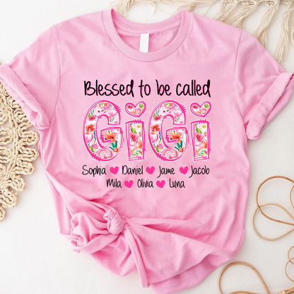Blessed To Be Called Gigi Custom Gigi And Grandkids Pink Flower T-Shirt