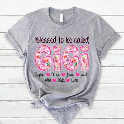 Blessed To Be Called Gigi Custom Gigi And Grandkids Pink Flower T-Shirt