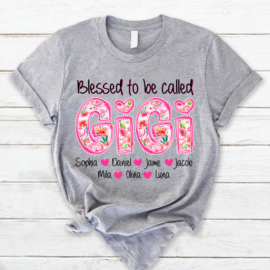 Blessed To Be Called Gigi Custom Gigi And Grandkids Pink Flower T-Shirt