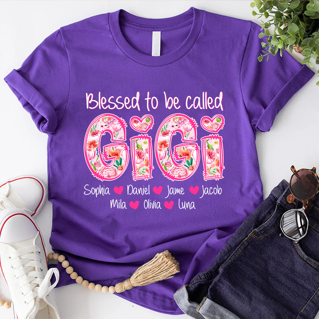 Blessed To Be Called Gigi Custom Gigi And Grandkids Pink Flower T-Shirt