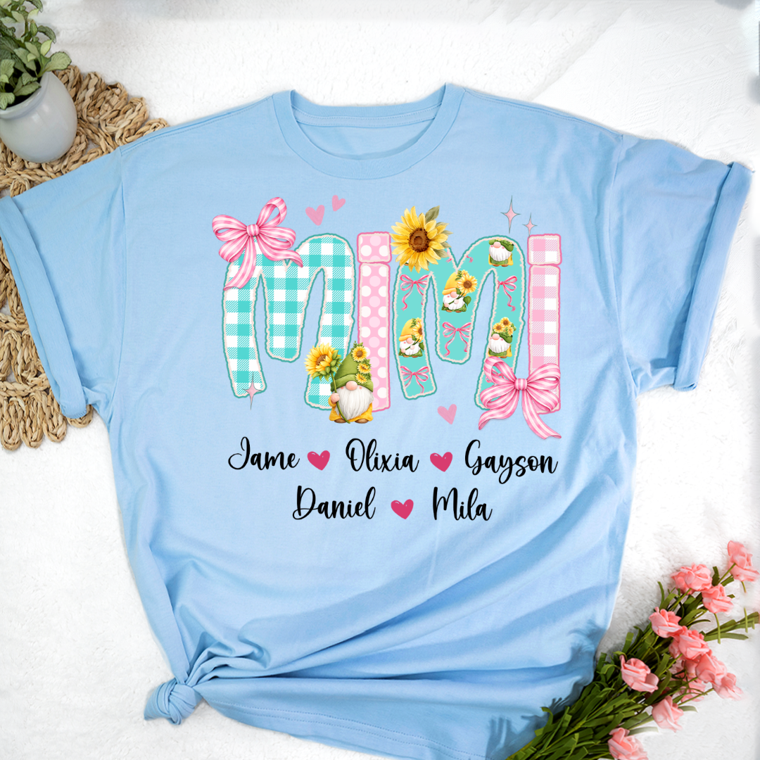 Gnome Sunflower Mimi Nana Grandma and Grandkids Personalized Trendy Mother's Day T-shirt