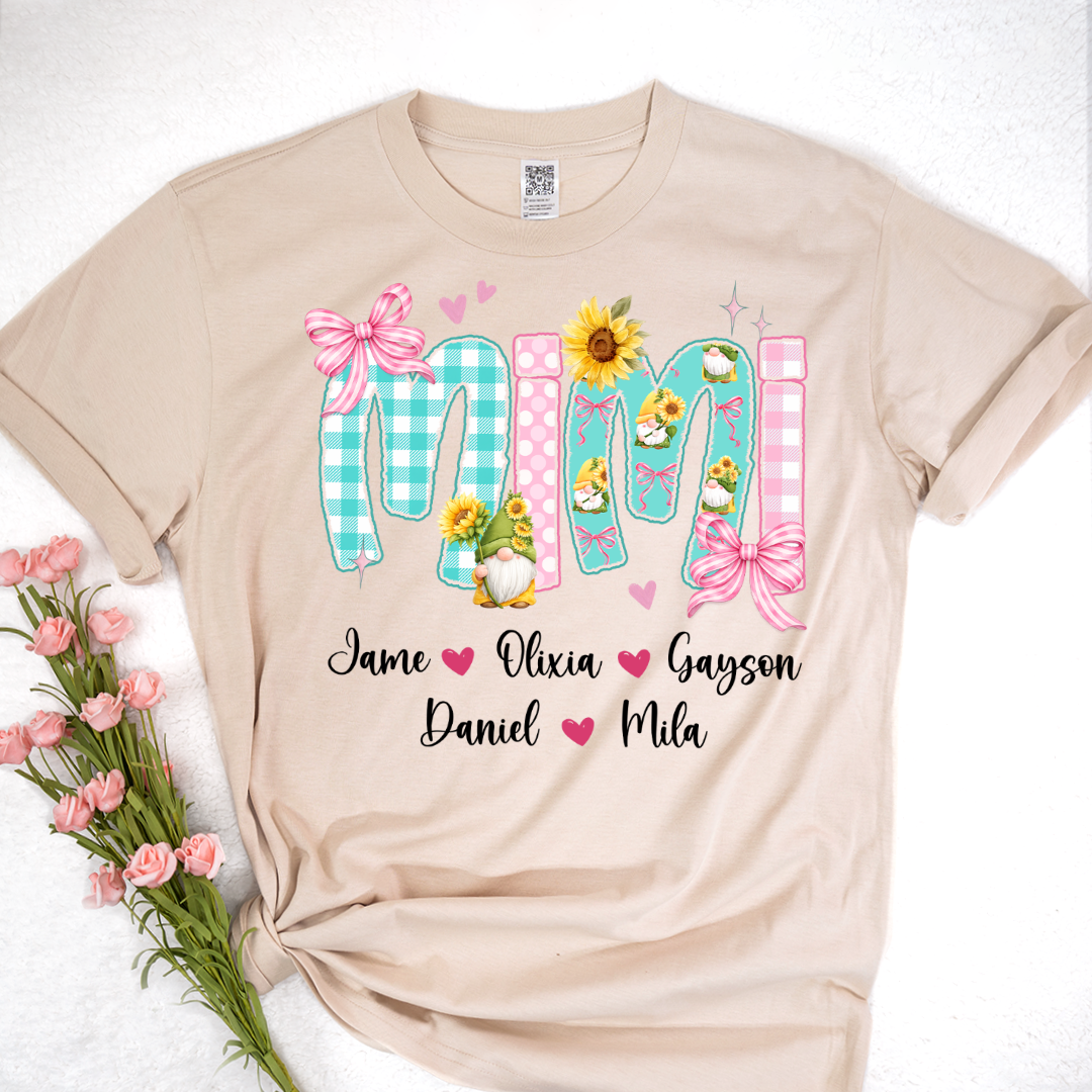 Gnome Sunflower Mimi Nana Grandma and Grandkids Personalized Trendy Mother's Day T-shirt