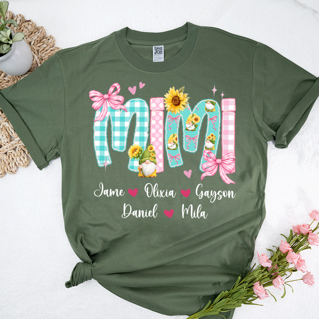 Gnome Sunflower Mimi Nana Grandma and Grandkids Personalized Trendy Mother's Day T-shirt