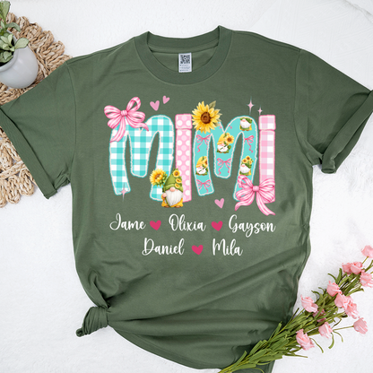 Gnome Sunflower Mimi Nana Grandma and Grandkids Personalized Trendy Mother's Day T-shirt