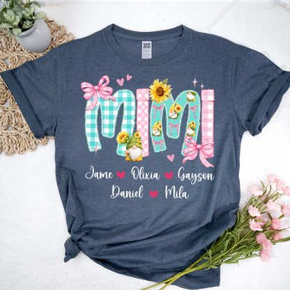Gnome Sunflower Mimi Nana Grandma and Grandkids Personalized Trendy Mother's Day T-shirt