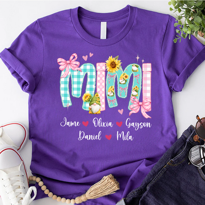 Gnome Sunflower Mimi Nana Grandma and Grandkids Personalized Trendy Mother's Day T-shirt