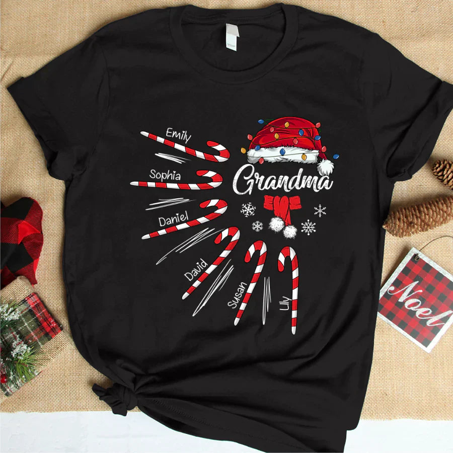 Grandma Christmas Candy Kid Names T-Shirt