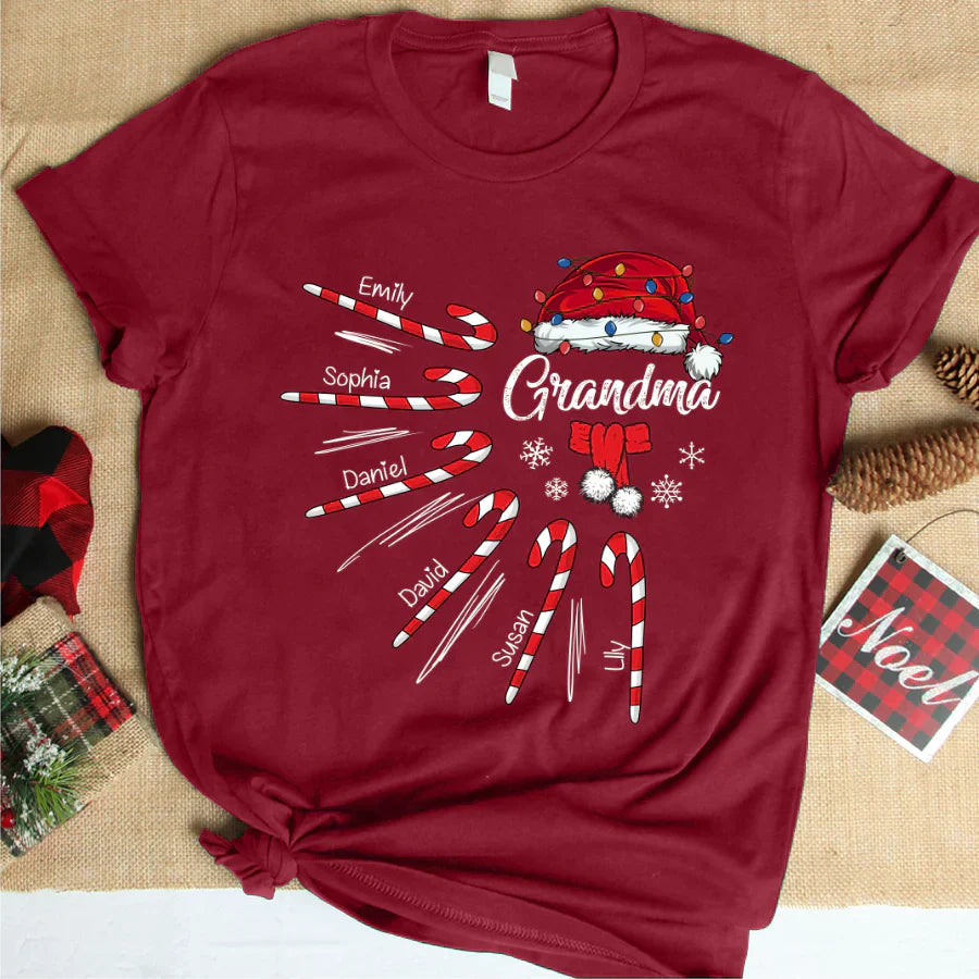Grandma Christmas Candy Kid Names T-Shirt