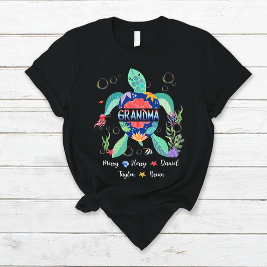 Grandma Turtle With Grandkids Flower T-Shirt