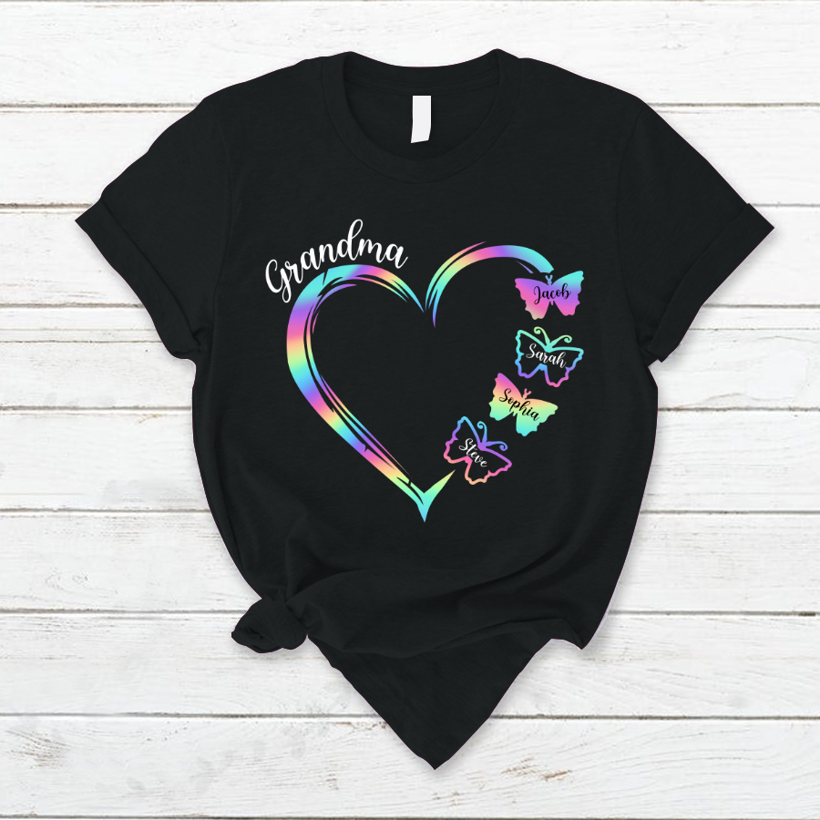 Grandma and Grandkids Hearts Rainbow Butterfly T-Shirt