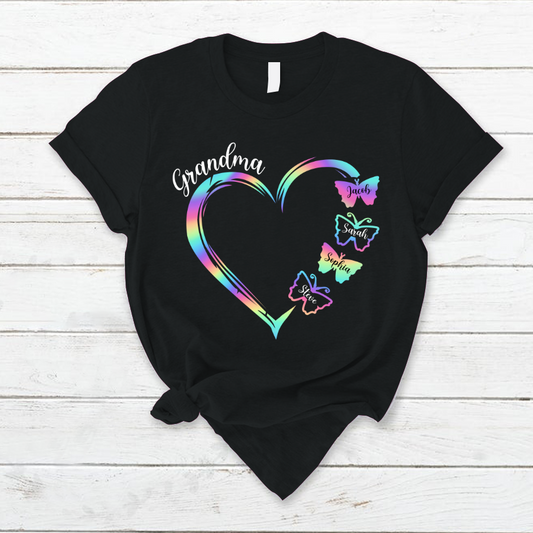 Grandma and Grandkids Hearts Rainbow Butterfly T-Shirt