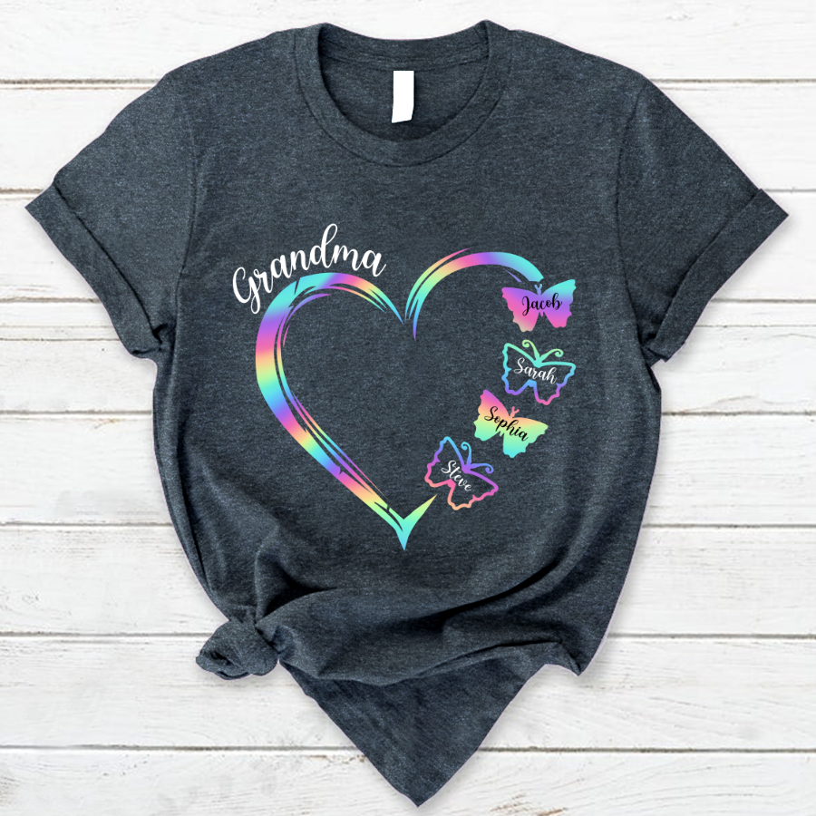Grandma and Grandkids Hearts Rainbow Butterfly T-Shirt