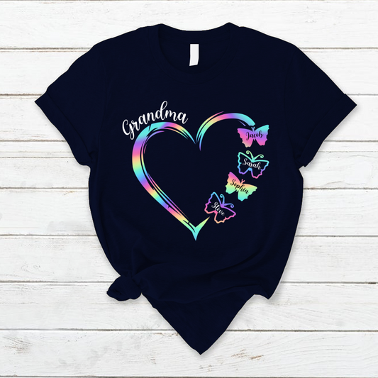 Grandma and Grandkids Hearts Rainbow Butterfly T-Shirt
