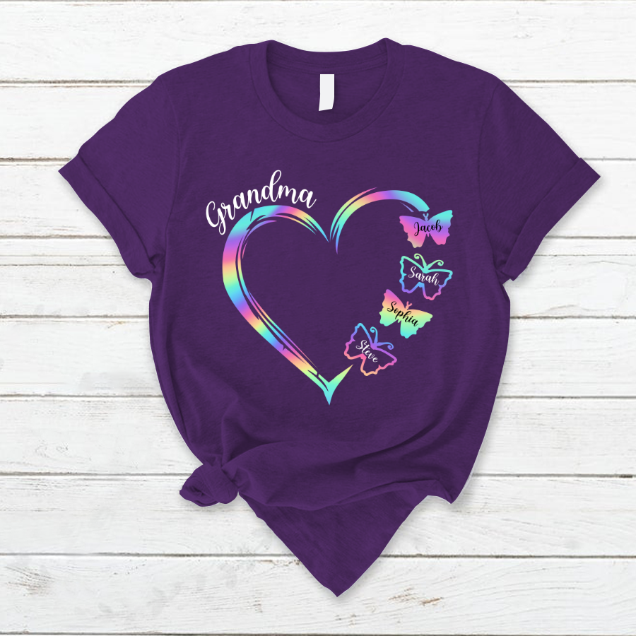 Grandma and Grandkids Hearts Rainbow Butterfly T-Shirt