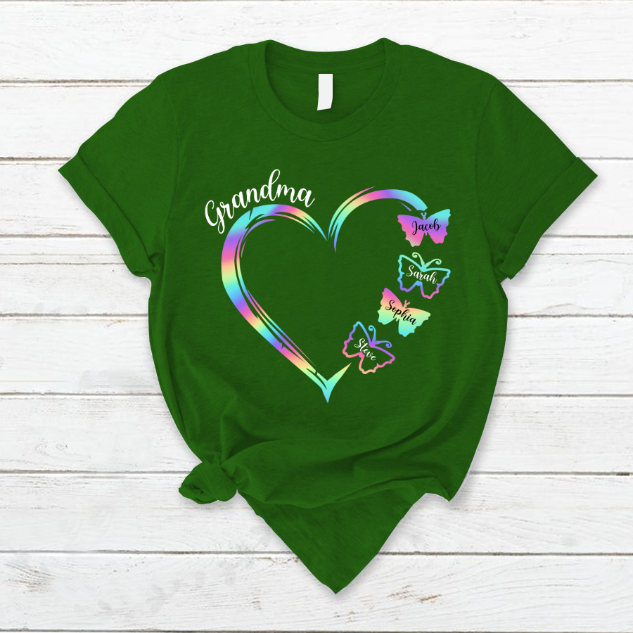 Grandma and Grandkids Hearts Rainbow Butterfly T-Shirt