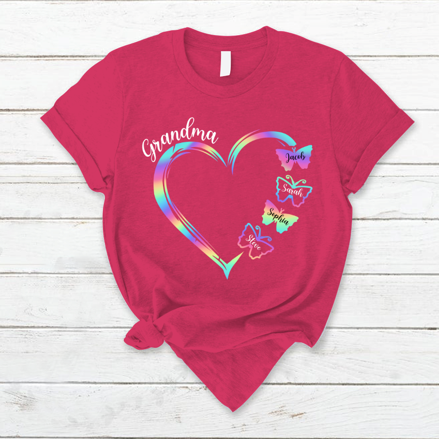 Grandma and Grandkids Hearts Rainbow Butterfly T-Shirt