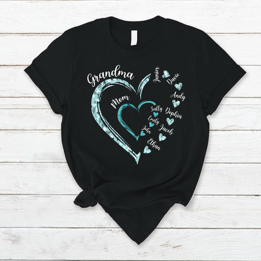 Heart Mom Grandma And Kids Custom Name Mother's Day T-Shirt