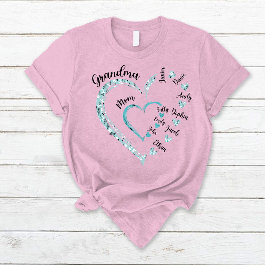 Heart Mom Grandma And Kids Custom Name Mother's Day T-Shirt