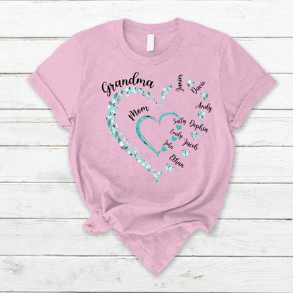 Heart Mom Grandma And Kids Custom Name Mother's Day T-Shirt