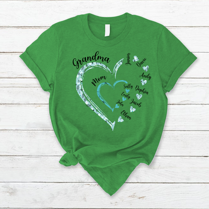 Heart Mom Grandma And Kids Custom Name Mother's Day T-Shirt