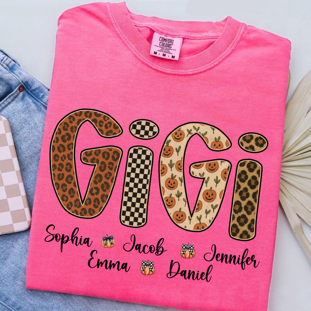 Leopard Pumpkin Mimi Custom Grandma and Grankids Name Shirt