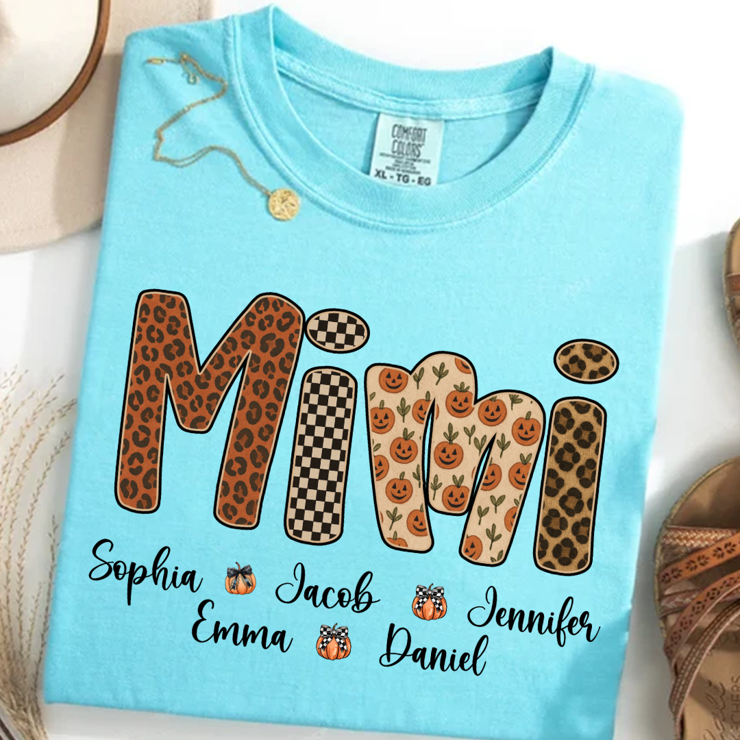 Leopard Pumpkin Mimi Custom Grandma and Grankids Name Shirt