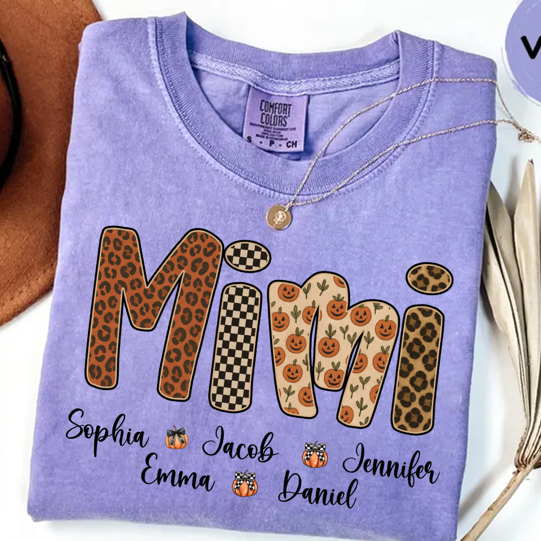 Leopard Pumpkin Mimi Custom Grandma and Grankids Name Shirt