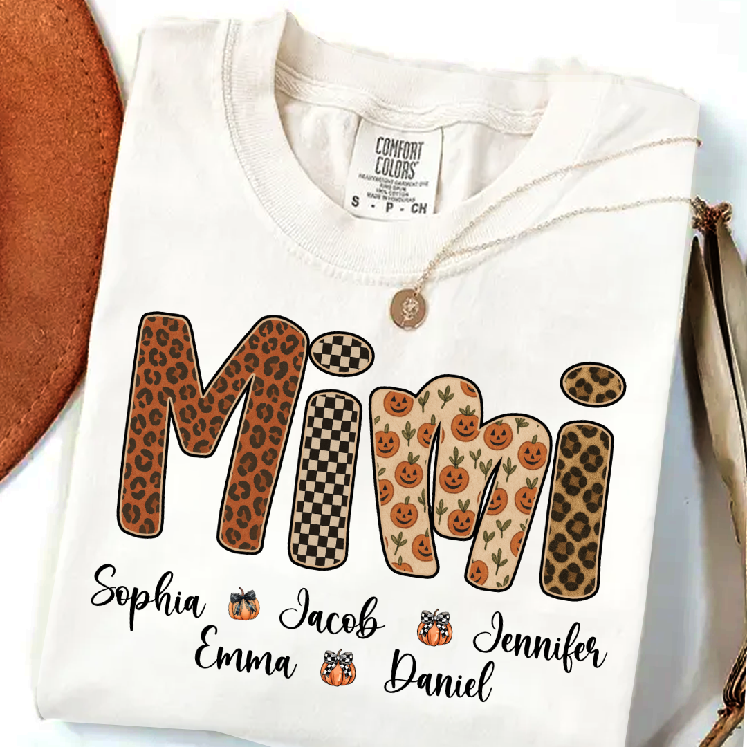 Leopard Pumpkin Mimi Custom Grandma and Grankids Name Shirt