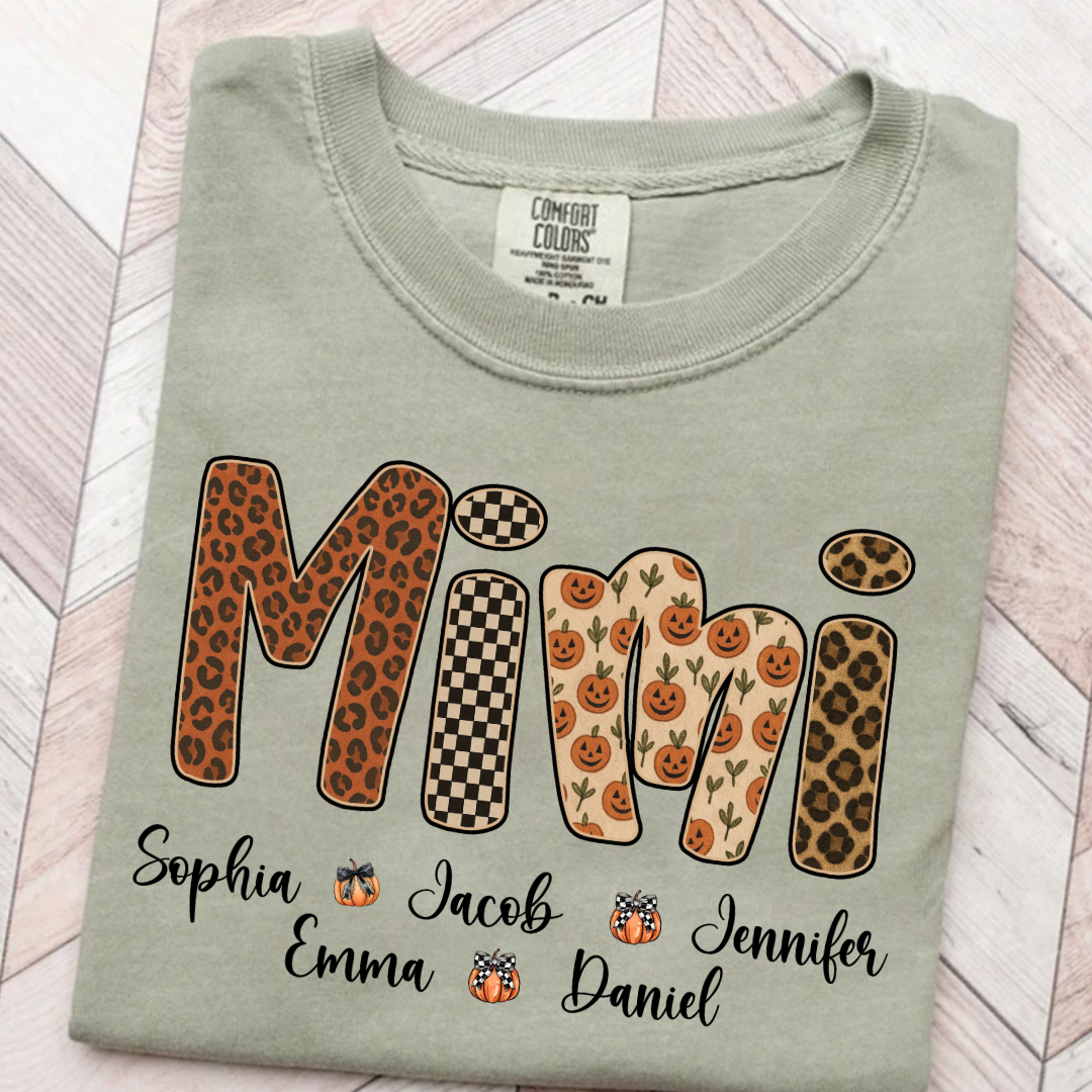 Leopard Pumpkin Mimi Custom Grandma and Grankids Name Shirt