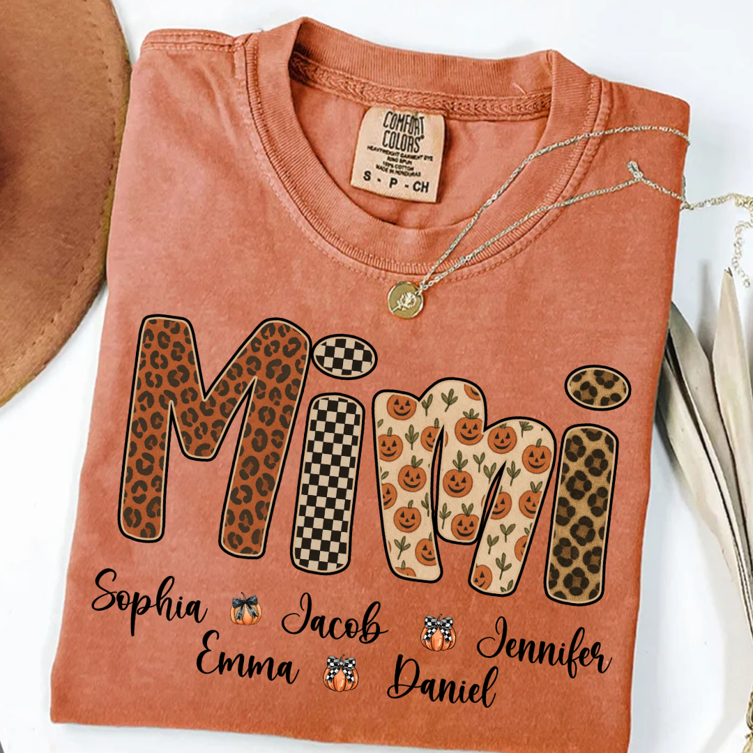 Leopard Pumpkin Mimi Custom Grandma and Grankids Name Shirt