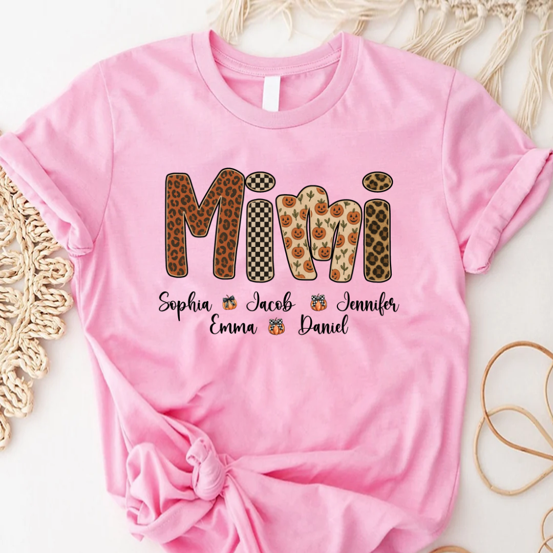 Leopard Pumpkin Mimi Custom Grandma and Grankids Name Shirt
