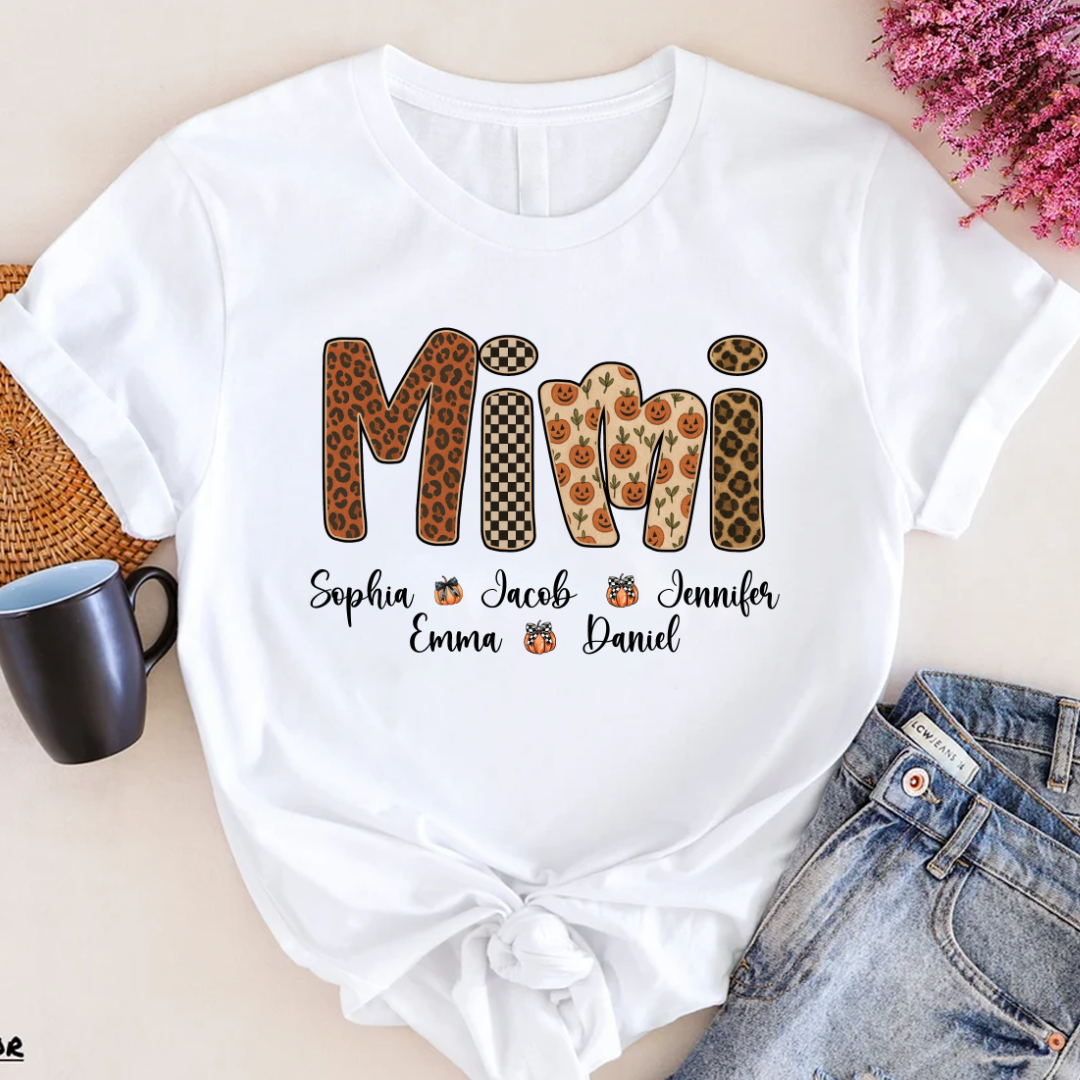 Leopard Pumpkin Mimi Custom Grandma and Grankids Name Shirt