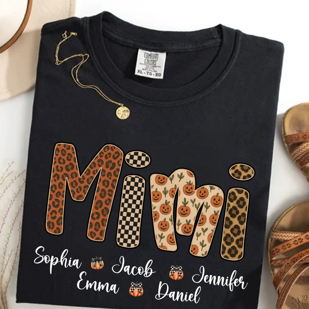 Leopard Pumpkin Mimi Custom Grandma and Grankids Name Shirt