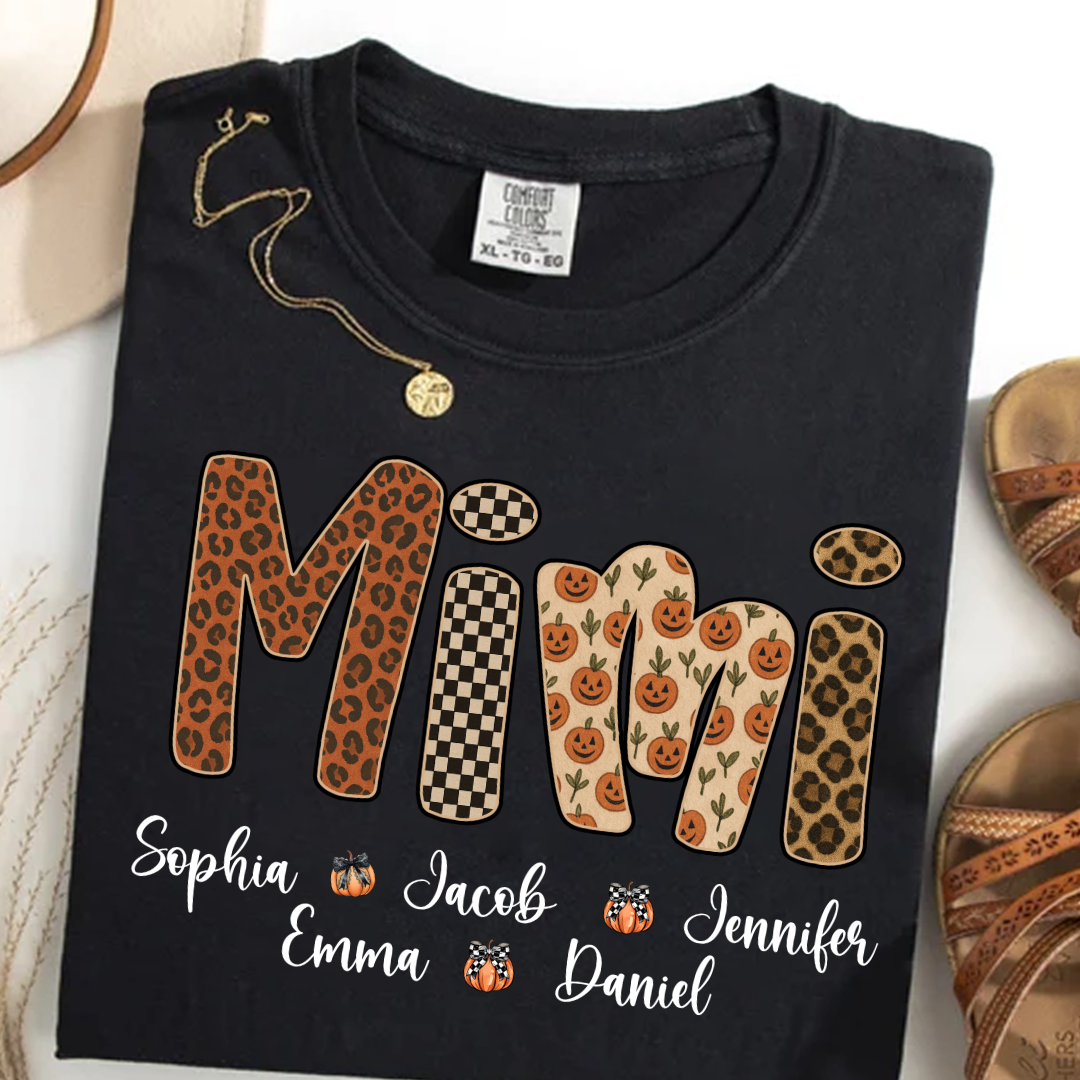 Leopard Pumpkin Mimi Custom Grandma and Grankids Name Shirt