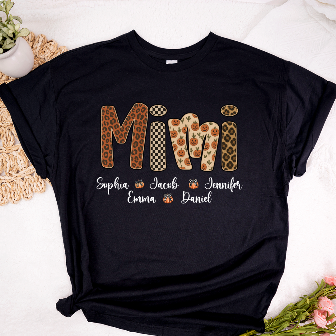 Leopard Pumpkin Mimi Custom Grandma and Grankids Name Shirt