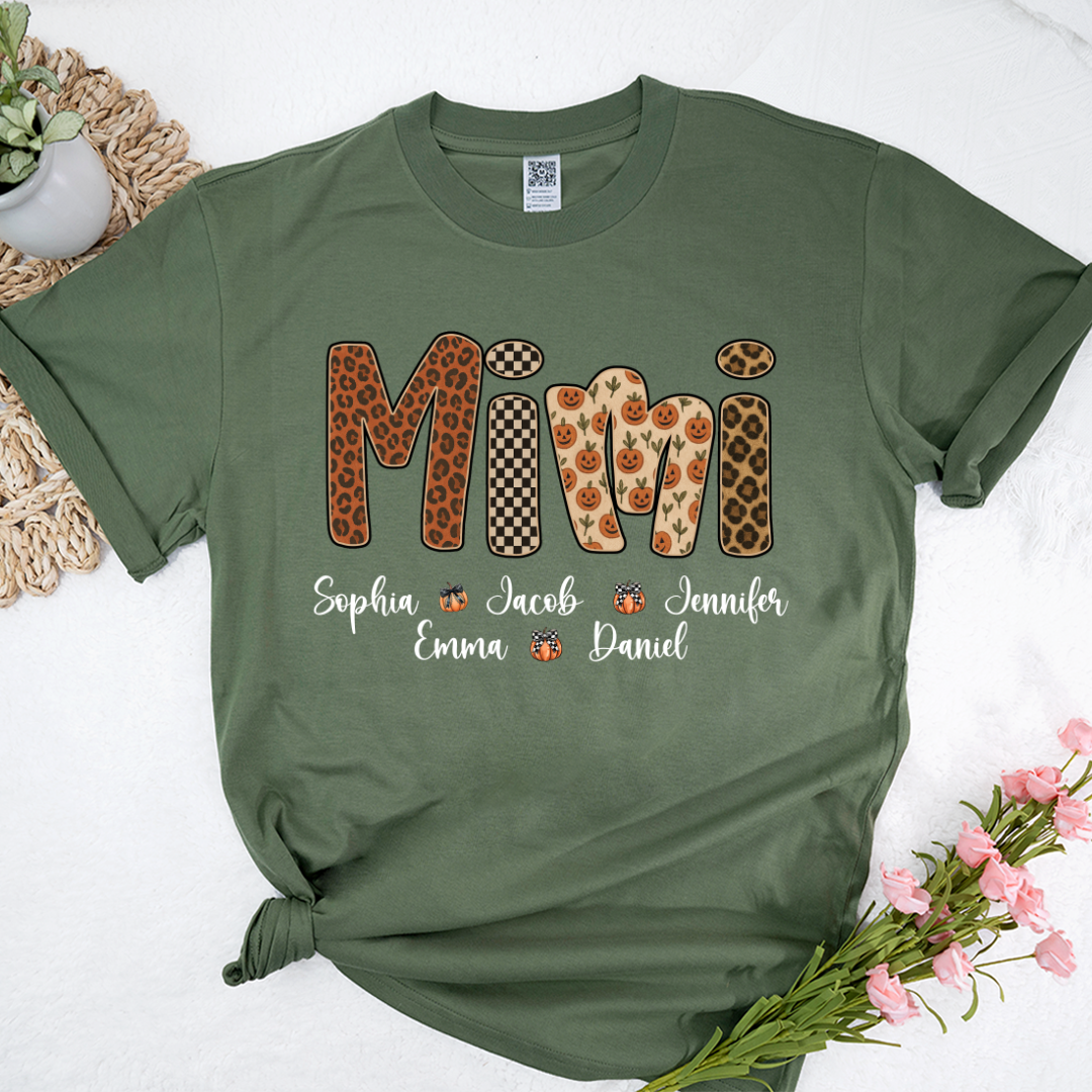 Leopard Pumpkin Mimi Custom Grandma and Grankids Name Shirt