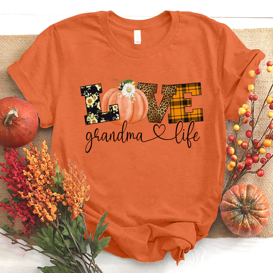 Love Grandma Life Fall Season Pumpkin T-Shirt