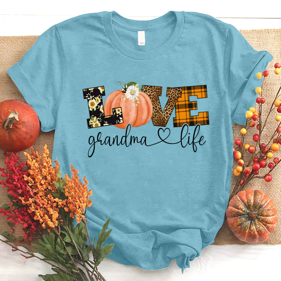 Love Grandma Life Fall Season Pumpkin T-Shirt