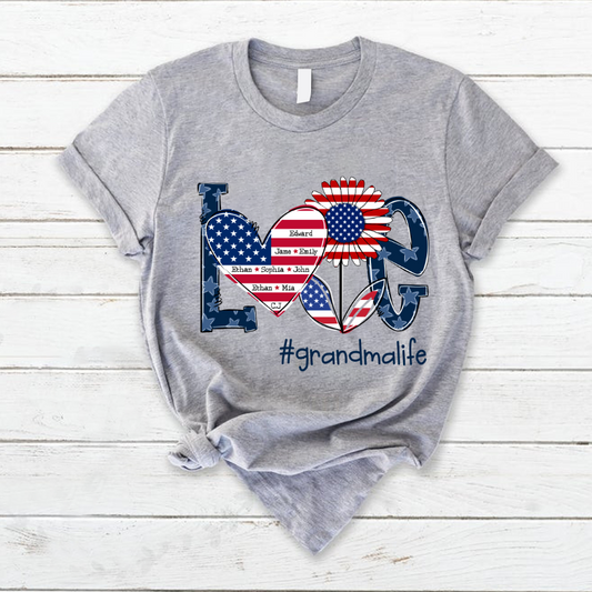 Love Grandma Life With Grandkids Heart Flag Sunflower T-Shirt