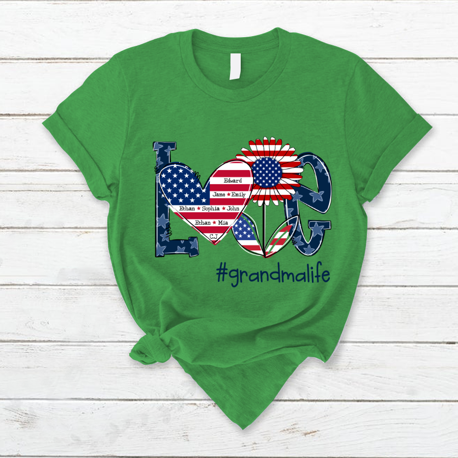 Love Grandma Life With Grandkids Heart Flag Sunflower T-Shirt