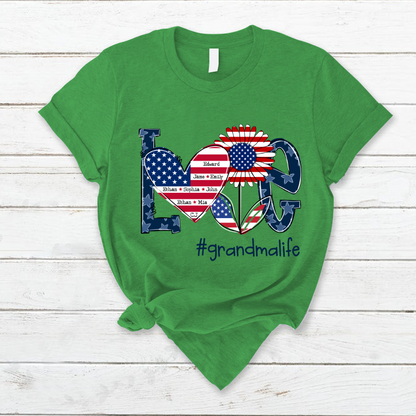 Love Grandma Life With Grandkids Heart Flag Sunflower T-Shirt