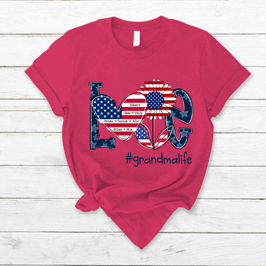 Love Grandma Life With Grandkids Heart Flag Sunflower T-Shirt