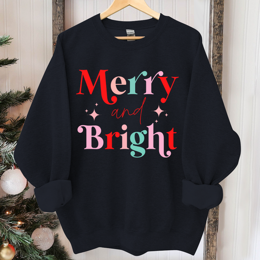 Merry And Bright Sweatshirt, Christmas Sweatshirt, Festive Holiday Shirts For Women, Cute XMAS Gift For Her Crewneck Matching Kids Toddler