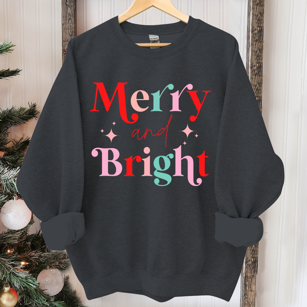 Merry And Bright Sweatshirt, Christmas Sweatshirt, Festive Holiday Shirts For Women, Cute XMAS Gift For Her Crewneck Matching Kids Toddler