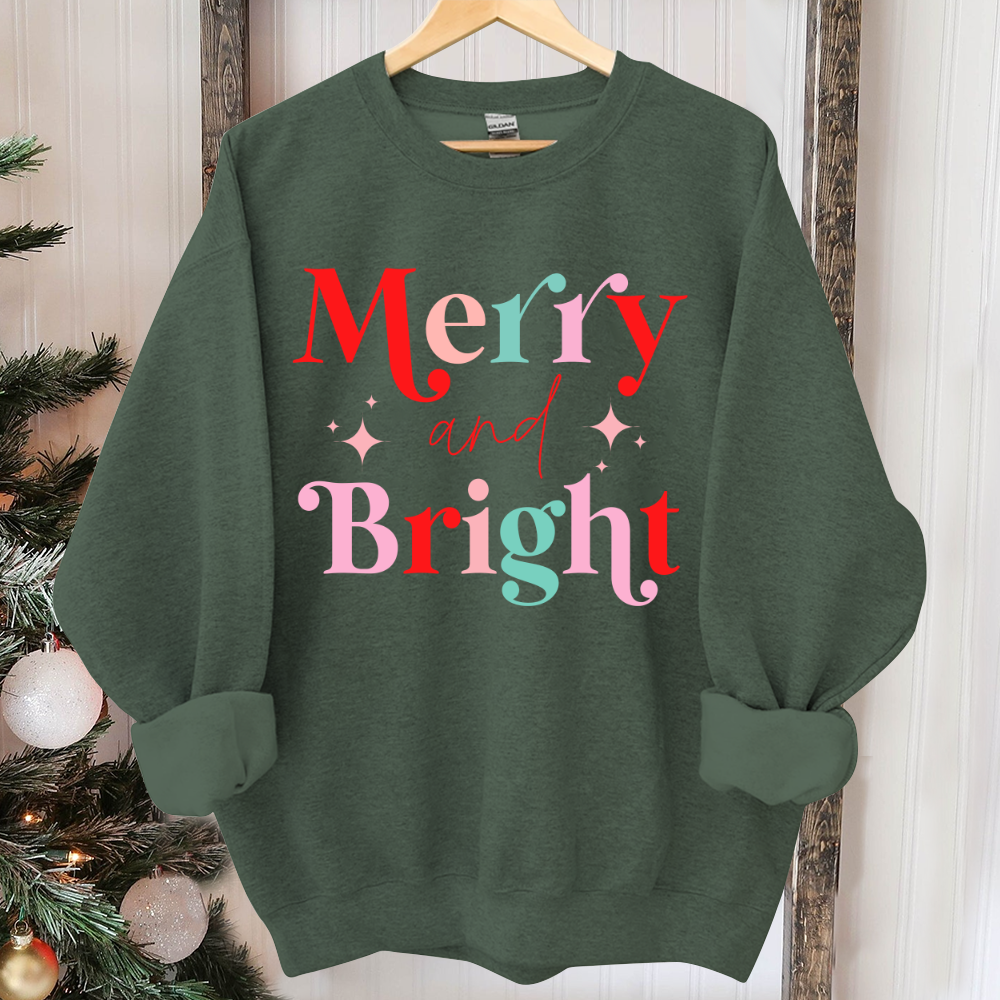 Merry And Bright Sweatshirt, Christmas Sweatshirt, Festive Holiday Shirts For Women, Cute XMAS Gift For Her Crewneck Matching Kids Toddler