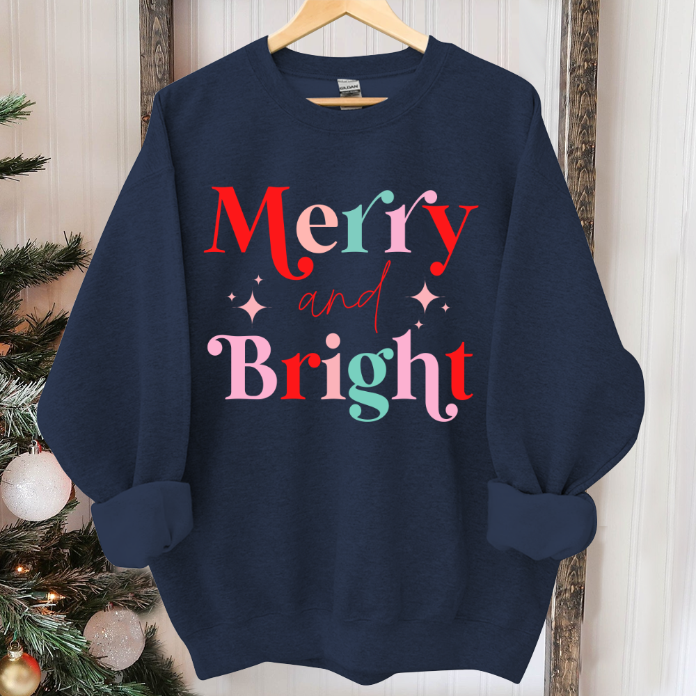 Merry And Bright Sweatshirt, Christmas Sweatshirt, Festive Holiday Shirts For Women, Cute XMAS Gift For Her Crewneck Matching Kids Toddler