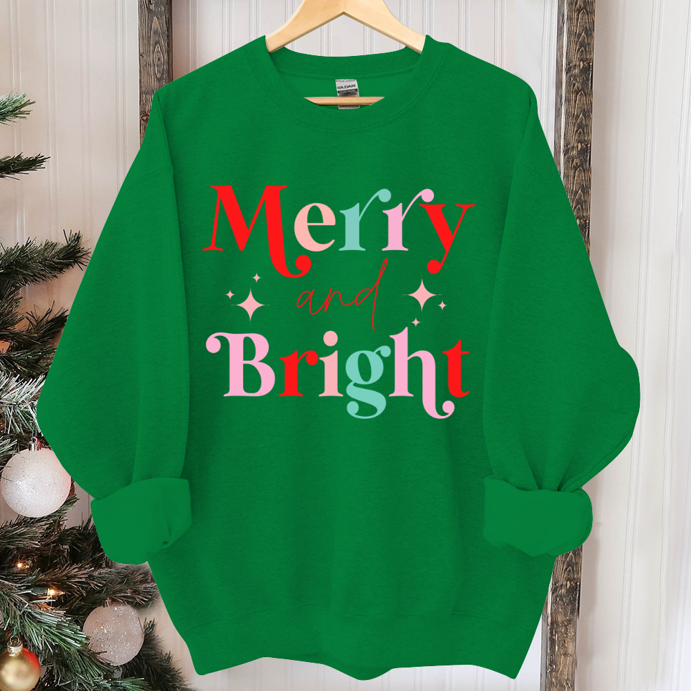 Merry And Bright Sweatshirt, Christmas Sweatshirt, Festive Holiday Shirts For Women, Cute XMAS Gift For Her Crewneck Matching Kids Toddler