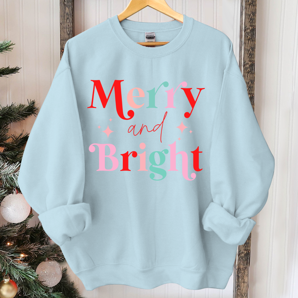Merry And Bright Sweatshirt, Christmas Sweatshirt, Festive Holiday Shirts For Women, Cute XMAS Gift For Her Crewneck Matching Kids Toddler