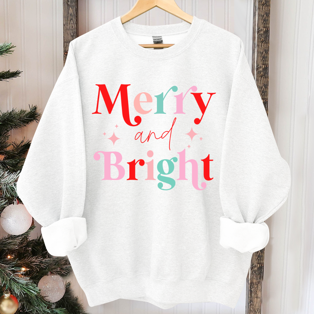 Merry And Bright Sweatshirt, Christmas Sweatshirt, Festive Holiday Shirts For Women, Cute XMAS Gift For Her Crewneck Matching Kids Toddler