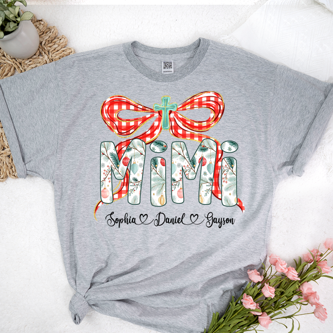 Mimi Christmas Bow, Personalized Mimi and Grankids Shirt
